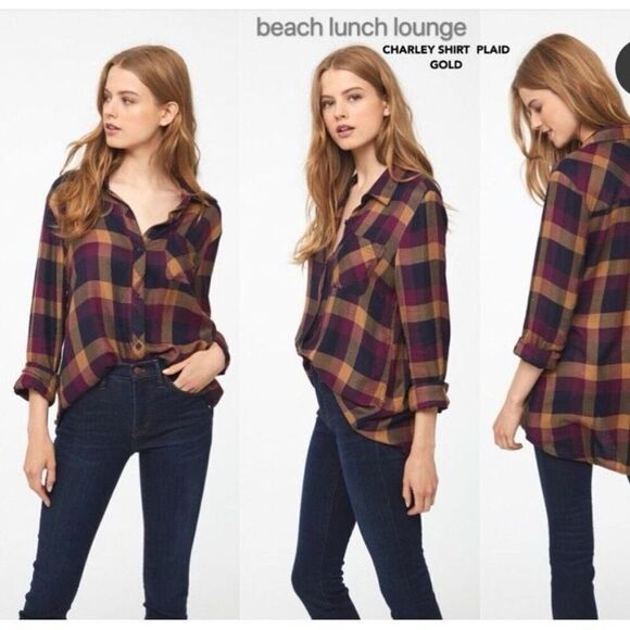 BeachLunchLounge Women’s Jewel Tone Purple Plaid Button Front Top Large - Picture 3 of 14